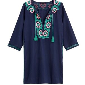 J. Crew Embroidered Tunic Dress Floral Bohemian Navy Blue Pink Green Size M